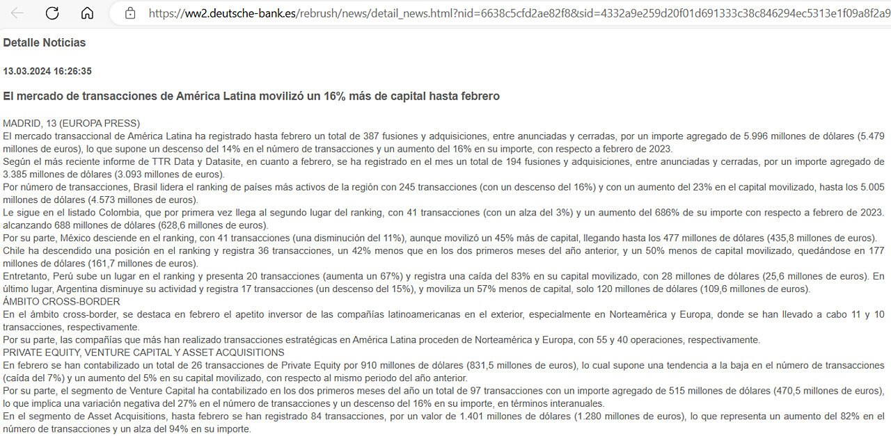 El mercado de transacciones de Amrica Latina moviliz un 16% ms de capital hasta febrero
